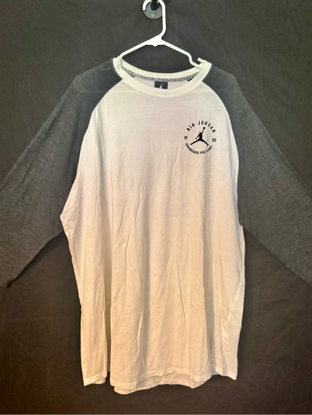 Jordan Men's White Baseball Raglan Long Sleeve Shirt with Gray Sleeves